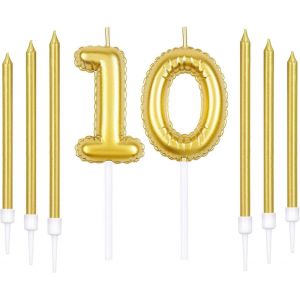 Eryi-Lot De Bougies D'anniversaire Dorées En Forme De Chiffre 10 Avec 6 Bougies Longues, 10 Bougies Pour 10e Anniversaire, Décoration De Gâteau Pour Fête D'anniversaire, Anniversaire De Mariage - Neuf