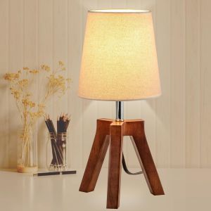 Wooden Bedside Lamp, Tripod Desk Lamp With On/Off Switch, Bedside Lamp With Fabric Shade For Reading Bedroom Living Room Office Walnut Base With Shade - Neuf