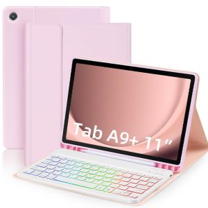 Compatible avec Samsung Galaxy Tab A9+ 2023 11 pouces (SM-X210), &eacute;tui clavier r&eacute;tro&eacute;clair&eacute; trois couleurs, prend en charge la disposition de clavier AZERTY fran&ccedil;ais. rose + blanc- &eacute;clair&eacute; clavier&iquest;,A9+ - Neuf