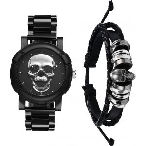 Montre Homme Acier Inoxydable: Ensemble Bracelet Cuir Tress&eacute; Et Montre Bracelet Acier Cadran Cr&acirc;ne T&ecirc;te De Mort Gothique Punk Analogique Quartz-Cadeau Halloween Et Accessoire Gothique - Neuf