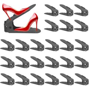 Jexnovashop-Lot De 24 &Eacute;tag&egrave;res &Agrave; Chaussures Ajustables - Antid&eacute;rapantes - Double Couche - Peu Encombrantes - En Plastique - 4 Fentes R&eacute;glables En Hauteur - Gris Fonc&eacute; - Neuf