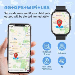 IP68 Montre Connect&eacute;e enfant 4G, Smartwatch Enfant GPS et Appel, SOS, Chat Vid&eacute;o/Vocal, Alarme, Sommeil, Mode Classe, 7 Jeux, Calendrier, Calculatrice, Montre GPS Enfants Cadeau d'anniversaire de No&euml;l - Neuf