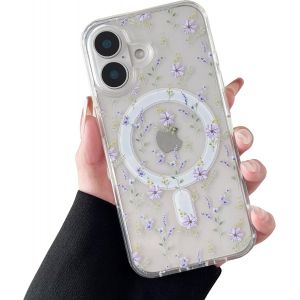 LORANKA-Coque Magn&eacute;tique pour iPhone 17, &Eacute;tui Souple Transparent avec Motif Fleurs Compatible avec Magsafe Charge sans Fil, Coque Protecteur R&eacute;sistant- Violet Fleurs - Neuf