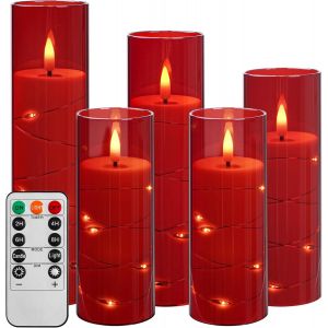 Bougie Led Avec Guirlandes Lumineuses, Bougie &Agrave; Piles Avec T&eacute;l&eacute;commande Et Minuterie De 24 Heures, Bougie Sans Flamme Pour La D&eacute;coration Int&eacute;rieure (Rouge, Lot De 5) [Classe &Eacute;nerg&eacute;tique A] - Neuf