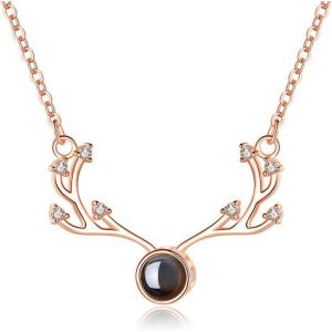 Kal-100 Langues 'je T'aime' Collier De Projection Avec Pendentif Cerf - Acier Inoxydable Multilingue Cadeau Bijoux Romantique Pour Elle/Lui, Anniversaire Saint-Valentin - Neuf