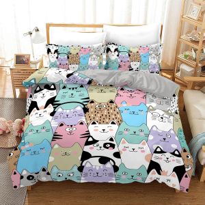 Sjzg-Housse De Couette Chat 220x240, Motif Chat Mignon En Microfibre Douce, Avec Housse De Couette Et Taies D'oreiller, Pour Gar&ccedil;ons Et Filles(Chat 6, 220x240cm) - Neuf
