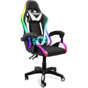 SUBZONAL-Chaise Gaming Massage avec Lumi&egrave;re LED Fauteuil de Bureau Pivotant Ergonomique Dossier Haut Dossier et Hauteur de Si&egrave;ge R&egrave;glable Chaise Gamer avec Appui-T&ecirc;te Massage Support Lombaire, Blanc - Neuf