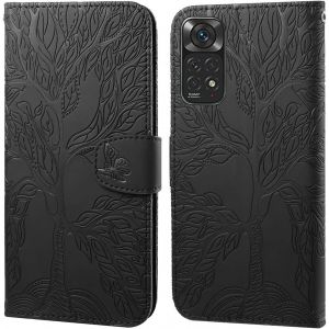 Kal-Coque Pour Redmi Note 11 4g/Redmi Note 11s, Arbre De Vie Papillon Motif Housse Case En Cuir Synthétique Cover À Rabat, Portefeuille Étui De Protection Avec Fentes Pour Cartes, Noir - Neuf