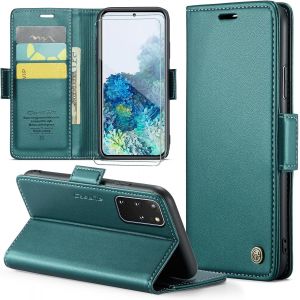Kal-Coque Pour Samsung Galaxy S20 Plus+ 2 Pièces Verre Trempé,Antivol,Prend En Charge Le Chargement Sans Fil, Pochette Fermeture Magnétique Flip Case-Bleu-Vert - Neuf