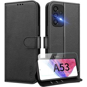 KALANKA-Coque pour Samsung Galaxy A53 5G Coque Etui Portefeuille Cuir avec Verre Tremp&eacute; Protection &Eacute;cran Porte Carte Rabat Clapet Flip Case &Eacute;tui Cover Housse Etui pour Samsung Galaxy A53 5G,Noir - Neuf