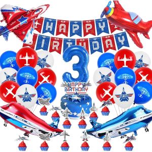 Décoration Avion Anniversaire 3 Ans,Ballon Avion Anniversaire Enfant 52 Pcs,Avion de Chasse Thème Déco Fête,Avion Anniversaire Set Avec Bannière Joyeux Anniversaire,Cupcake Topper - Neuf