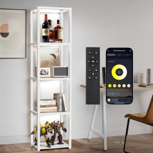 SUBZONAL-170 cm Vitrine en Verre avec &Eacute;clairage, Lampadaire LED &agrave; Intensit&eacute; R&eacute;glable avec T&eacute;l&eacute;commande et Application, &Eacute;tag&egrave;re Ouverte pour Objets de Collection, Salon, Chambre, Blanc - Neuf