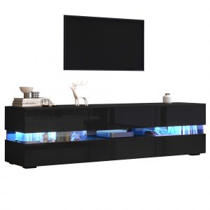 Meuble TV moderne laqu&eacute; brillant, 160 x 39 x 45 cm, avec &eacute;clairage LED, compartiment ouvert, compatible avec les t&eacute;l&eacute;viseurs jusqu'&agrave; 70 pouces, noir - Neuf