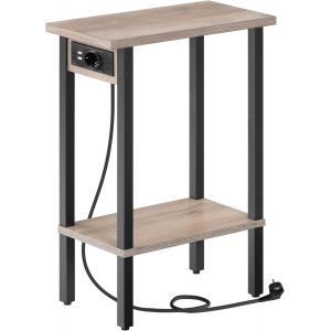 SUBZONAL-Table d&iquest;Appoint &eacute;troite, Bout de Canap&eacute; &agrave; 2 Niveaux avec Station de Charge, Table de Chevet avec Rangement, pour Petit Espace, Salon, Chambre, Bureau, Gris Patin&eacute; et Noir EBG240CBZ01 - Neuf