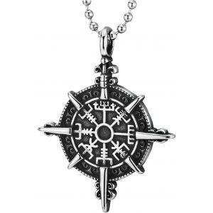 Kal-Viking Pendentif Collier - Boussole Runique Nordique Cercle M&eacute;daille - Runes Futharks - Homme Acier Inoxydable - Neuf