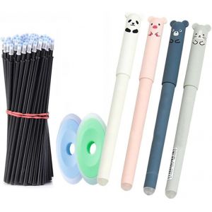 Tianyi-- 4 Pcs Stylo Effaçable, Stylo De Dessin Animé Effaçable, Avec 20 Recharges, 2 Gommes, Stylos Gel Effaçables Pour Enfants Étudiants École Bureau (Noir) - Neuf