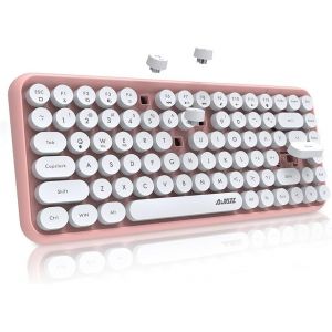 x AJAZZ 308i Clavier sans Fil Rétro, Bluetooth Silent Cute Computer Keyboard, Keycaps Punk Ronds, Compact 84 Touches,Texture Mate, Typewriter Design, QWERTY, Multidispositif pour PC Mac-Rose - Neuf