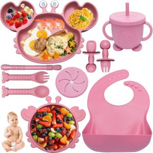 Kal-Coffret Repas Bebe, 10 Pi&egrave;ces Assiette Bebe Set Vaisselle Antiderapant Silicone Avec Ventouse Assiette Bol Fourche Cuill&egrave;re Bavoir, Enfant Set Couverts Vaisselle Pour Sevrage Manger, Rose - Neuf