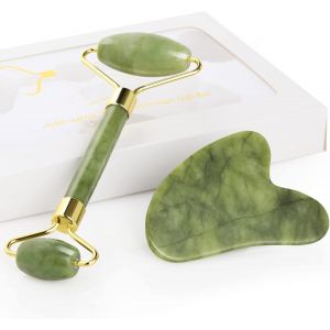 Kal-Jade Roller&gua Sha Scraping Massage Tool Anti-Aging Quartz 100% Natural Facial Jade Stone Set -Face Eye Neck Beauty Roller For Slimming&firming -Rajeunir La Peau Et Éliminer Les Rides Verte - Neuf