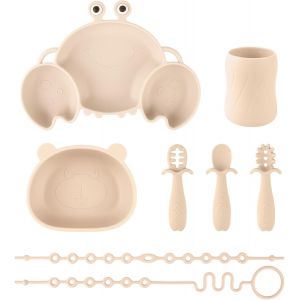 Kal-Set Vaisselle Pour Bébé Silicone Avec Ventouse, 8 Pièces, Set Repas Pour Enfants, Inclus Anti-Dérapant Assiette, Bol, Une Tasse, 3 Cuillères Et 2 Sangles De Sécurité, Sans Bpa (Beige) - Neuf