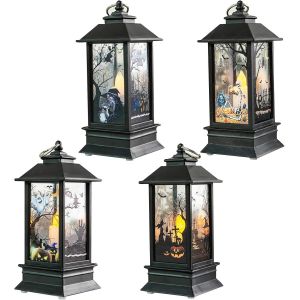 Kaltd-4 Pièces Lanterne D'halloween Veilleuse Led Lanterne D'halloween Lanterne À Bougie Décoratives Lampe À Vent Suspendue Halloween Bougies Sans Flamme Scintillante À Led Avec Batterie Pour Barre J - Neuf