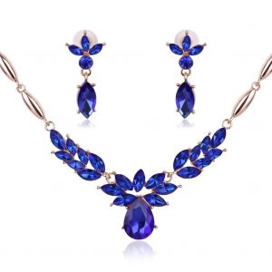 Ensemble De Bijoux Tendance Pour Femmes, Collier En Forme De Fleur, Boucles D'oreilles, Decoration En Strass (Bleu) - Neuf