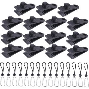 Chenquansarl-Lot De 15 Clips De Bâche + 15 Tendeurs En Caoutchouc Avec Boules De 15 Cm + 15 Boucles D'alpinisme, Clips De Tente, Bâche De Tente, Clip De Fixation Pour Auvent De Tente, Pavillon, Campi - Neuf