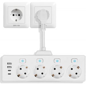 Multiprise avec Interrupteur Individuel 8-en-1-4 Prises Schuko, 2 Ports USB-C et 2 USB-A Multiprise Murale - pour Bureau et Maison - Neuf