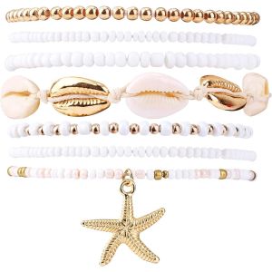 Kalanka-7pcs Bracelets De Plage D'été Pour Femme, Bracelets Surfeur Empilables Coquillages Étoiles De Mer Perles Extensibles Style Bohème Bord Mer Vacances Fête Amitié Bijoux Cadeau - Neuf
