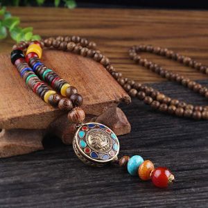 Kal-Vintage Collier Sautoir En Perles De Bois Naturel Ethnique Chaîne Chandail Sculpture Statue Bouddha Ronde Simple Bohème Vêtements Unisexe Accessoires - Neuf