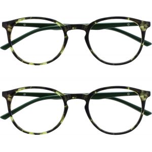 Lunettes De Lecture Pack De 2 Montures Rondes Et Mincess Charnières À Ressort Anti-Rayures Écailles De Tortue Vert Hommes Femmes Rr60-6 +2.00 - Neuf