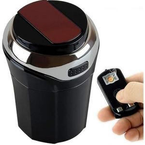 Cendrier de voiture portable avec briquet sans fumée amovible et lumière LED bleue rechargeable par USB avec couvercle (argent) - Neuf
