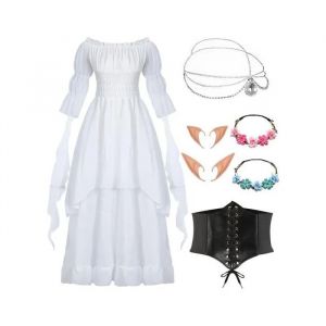 Robe M&eacute;di&eacute;vale Victorienne Femme Blanche Style Gothique Avec Corset Accessoires D'elfe Et Dentelle M Cosplay Halloween Renaissance - Neuf