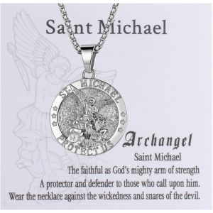 Kal-Collier Acier Inoxydable Homme : Collier Pendentif M&eacute;daille Catholique Saint Michel Archange Rond Vintage Cha&icirc;ne R&eacute;glable D'oreille De Bl&eacute; Avec Gravure Amulette- Cadeau Anniversaire - Neuf
