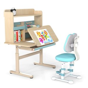 Lot de bureau et chaise ergonomique pour enfants 100 x 60 x 111-135 cm ajustable avec espace de rangement et design moderne en MDF bleu Helloshop26 20_0018663 - Neuf