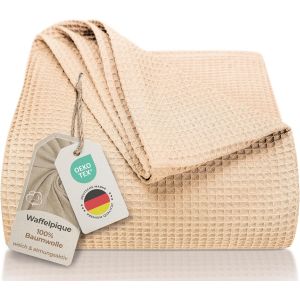 Ulteronixshop-Couvre-Lit 240 X 260 Cm Xxl - Piqu&eacute; Gaufr&eacute; 100% Coton - Couverture L&eacute;g&egrave;re Pour L'&eacute;t&eacute; - Pour Le Lit, Le Canap&eacute; - A&eacute;r&eacute;e (Beige) - Neuf