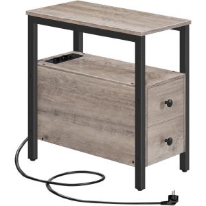 SUBZONAL-Table d'Appoint avec Station de Charge, Table de Chevet avec 2 Tiroirs, Ports USB et Prises de Courant, Bout de Canap&eacute; pour Petits Espaces, Salon, Chambre, Gr&egrave;ge EBG542BZ01 - Neuf
