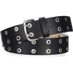 CAUC-Ceinture Femme Cuir Noir avec Double Trou - Ceintures Femme/Homme en Cuir V&eacute;ritable - Neuf
