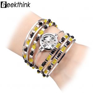 Montre Analogique A Quartz Geekthink, Bracelet Jonc Ouvert, Boitier Rond En Acier, Jaune - Neuf