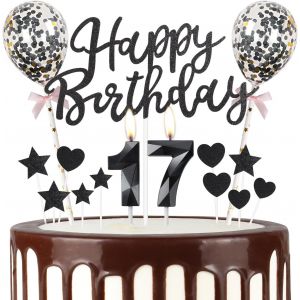 ERYI-Décorations Noires Pour 17E Anniversaire - Bougies Noires En Forme De Chiffre 17 Et Ballons « Happy Birthday » Pour Filles, Garçons, Femmes Et Hommes - Neuf