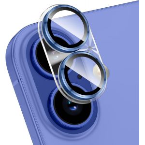 Kal-Pour Iphone 16 / Iphone 16 Plus Protecteur D`Objectif D`Appareil Photo 9h Couvercle De Caméra En Verre Trempé Tout-En-Un Alliage D`Aluminium Métal Anti-Rayures Coque Friendly,Bleu - Neuf