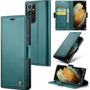 Maa-Coque Pour Samsung Galaxy S21 Ultra, Étui Housse En Rfid Protection Premium Pu Cuir Portefeuille Rabat Case Magnétique Stand Antichoc, Étui Case Pour Samsung Galaxy S21 Ultra, Bleu Vert - Neuf