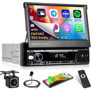 1 DIN Wireless Carplay Android Auto Autoradio avec Dashcam & Caméra de Recul & Mic, 7 Pouces Tactile Retractable Poste Radio Voiture Bluetooth avec Mirror Link USB FM SWC - Neuf