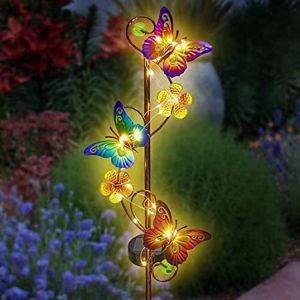 Lampes solaires papillon pour jardin, d&eacute;coration ext&eacute;rieure avec LED blanc chaud et piquets m&eacute;talliques - Neuf