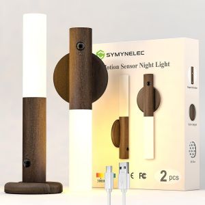 Eryi-Lot De 2 Veilleuse Avec Détecteur De Mouvement, Applique Murale Sans Fil Rechargeables Bois, Veilleuse Magnétique Pile Interieur Pour Escalier Chambre Couloir (Dark Bois) - Neuf
