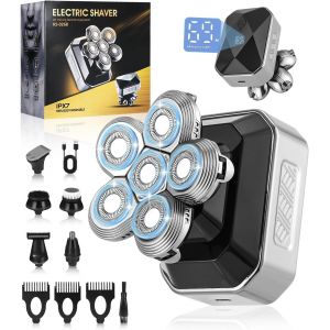 Rasoir Tete Chauve Homme, 6d Rasoir Electriques Hommes Cheveux,Rasoir &Eacute;lectrique Pour Barbe Humide Et S&egrave;che,5 En 1 Tondeuse Crane Chauve Rotative &Eacute;tanche Ipx6 Avec &Eacute;cran Lcd - Neuf
