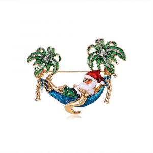 Broche P&egrave;re No&euml;l En Vacances Pour Femme, Unisexe, Couleur Or, Strass, Palmier Vert Hawa&iuml;en, Broderie De No&euml;l - Neuf