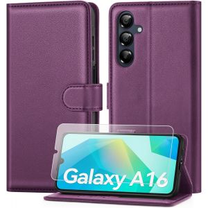 ELVORIX-Coque pour Samsung Galaxy A16 avec Verre Tremp&eacute;, &eacute;tui Cuir PU Magn&eacute;tique [ Pochette de Portefeuille ], Housse de Fonction Stand Video Porte Carte Credit &agrave; Rabat pour Samsung A16 -Violet fonc&eacute; - Neuf