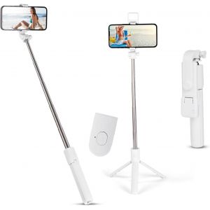 CAI-Perche Selfie,Perche &agrave; Selfie Tr&eacute;pied Avec T&eacute;l&eacute;commande Bluetooth Amovible Et Lumi&egrave;re D'Appoint,70Cm B&acirc;ton Selfie Extensible T&eacute;lescopique Pour iPhone Et Android - Neuf