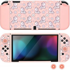 Eryi-Coque Pour Switch Oled,Mignon Dockable Souple Silicone Protecteur Housse De Protection Cover Avec 2pcs Joycon Cover Et 2pcs Lumineux Pouce Poignée Capuchons,Rose+Blanc - Neuf